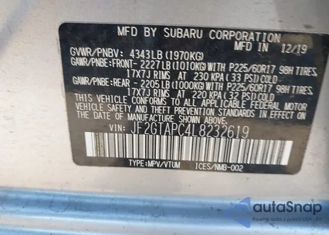 2020 Subaru Crosstrek Premium z USA, uszkodzony, nr VIN JF2GTAPC4L8232619